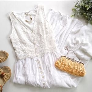 Moral Fiber• white crochet button front maxi dress